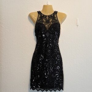 NWT Verte Black Sequin Mesh Bodycon Dress Large Beaded Halter Red Dress Boutique